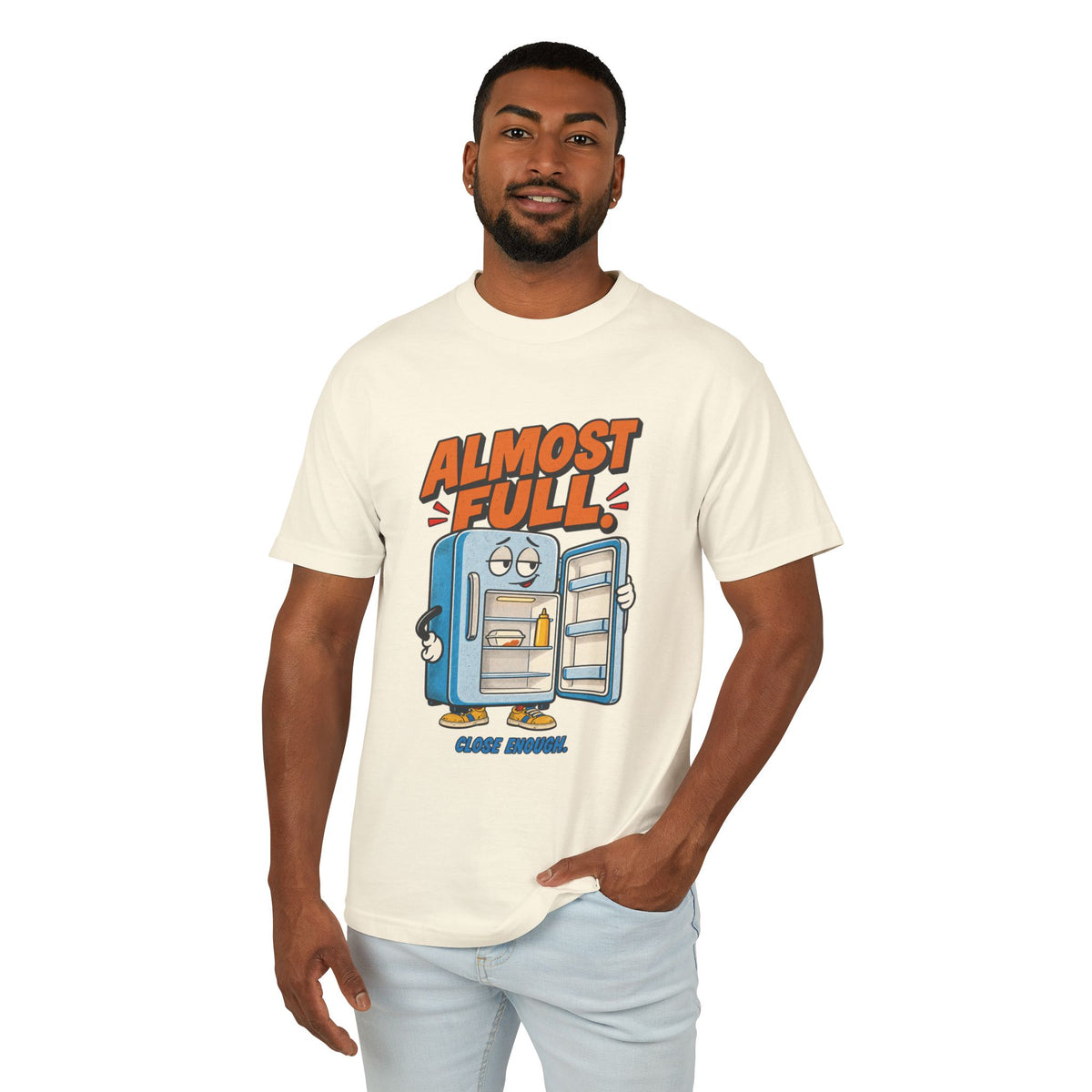Man wearing the ALMOST FULL FRIDGE tee in Faded Cream