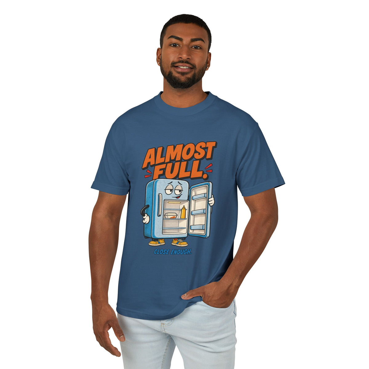Man wearing the ALMOST FULL FRIDGE tee in Faded Navy
