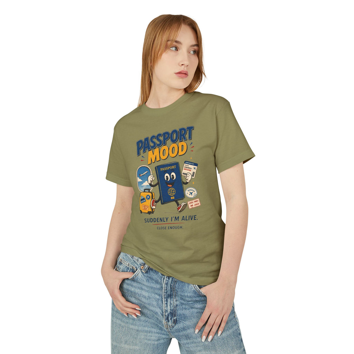 Woman wearing Passport Mood graphic tee in Faded Army
