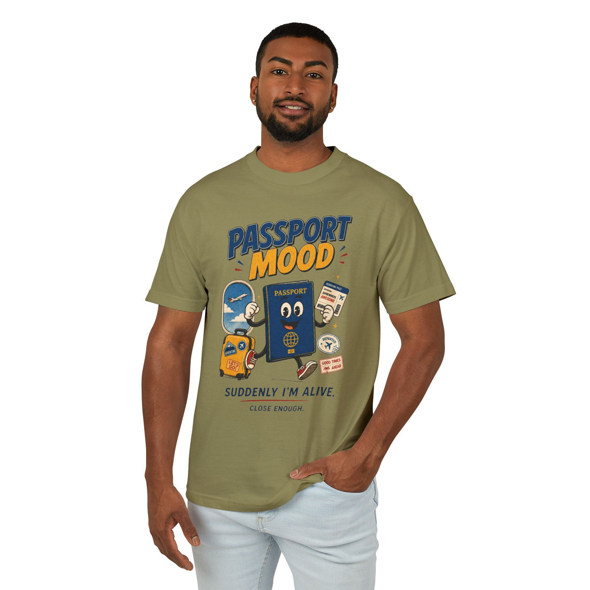 Man wearing Passport Mood graphic tee in Faded Army