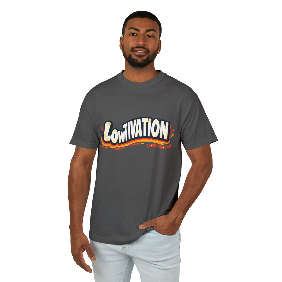 Man wearing the LOWTIVATION graphic tee in Faded Black
