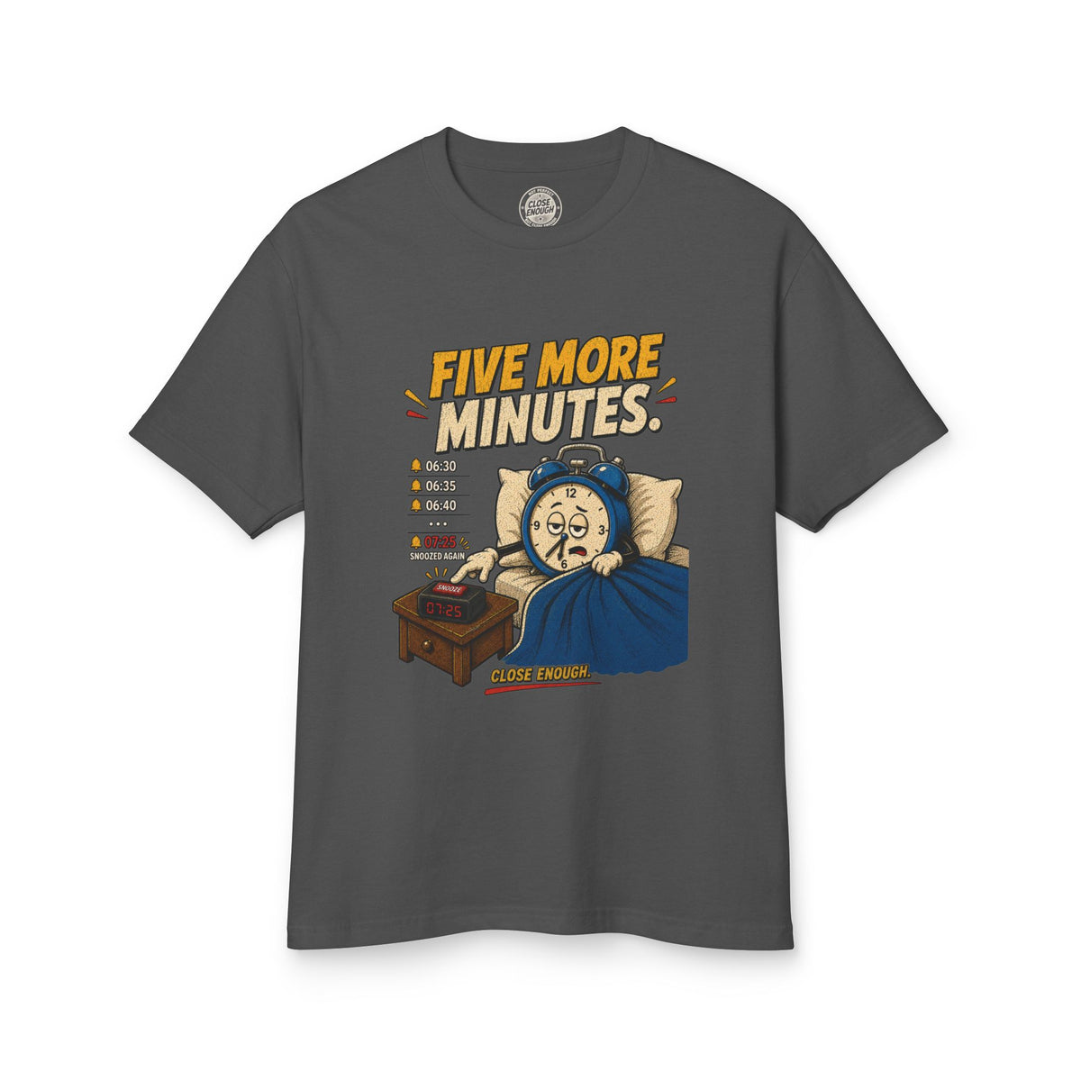 Five More Minutes graphic tee in Faded Black by CLOSE ENOUGH