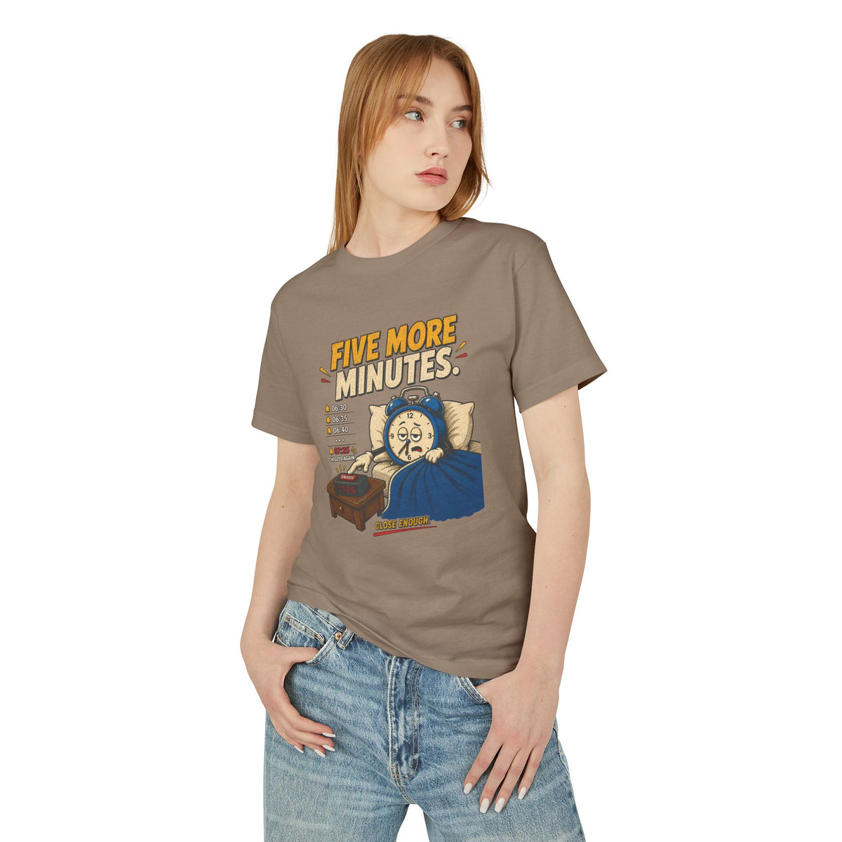 Woman wearing Five More Minutes graphic tee in Faded Brown