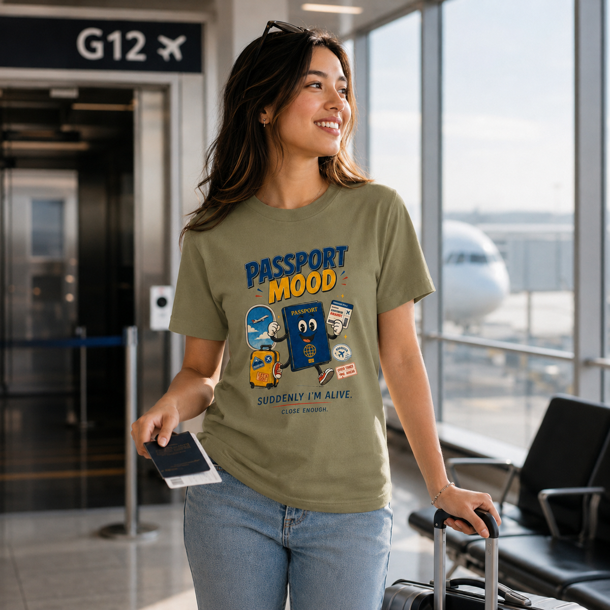 Woman wearing Passport Mood graphic tee at an airport