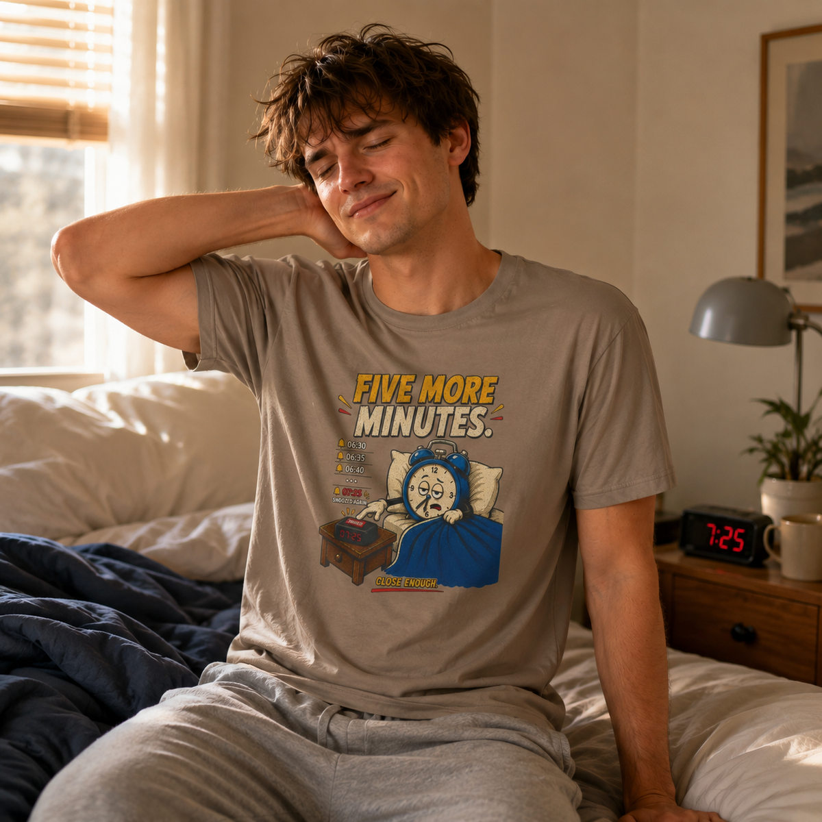 Man wearing Five More Minutes graphic tee in a bedroom