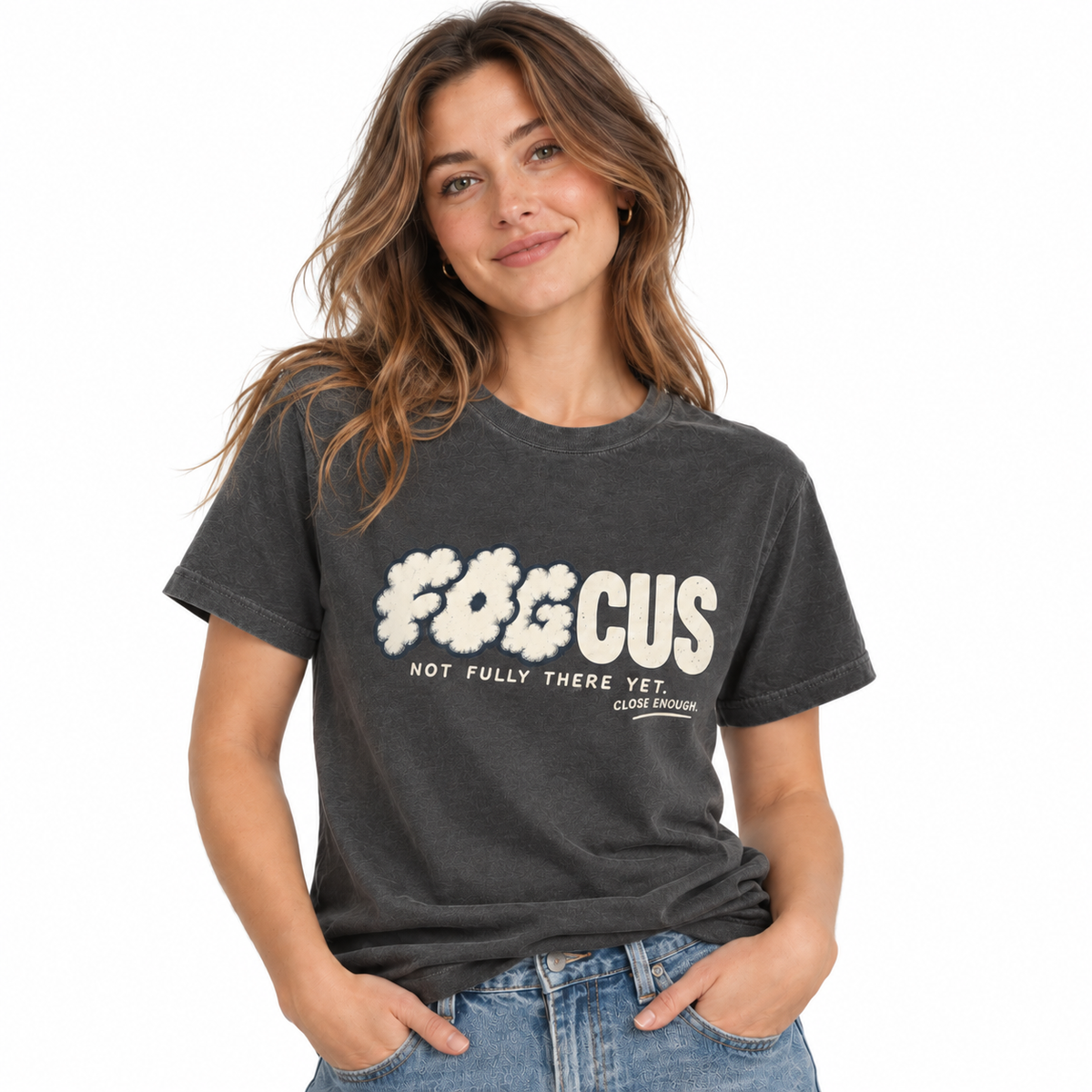 Woman wearing the FOGCUS graphic tee in Faded Black