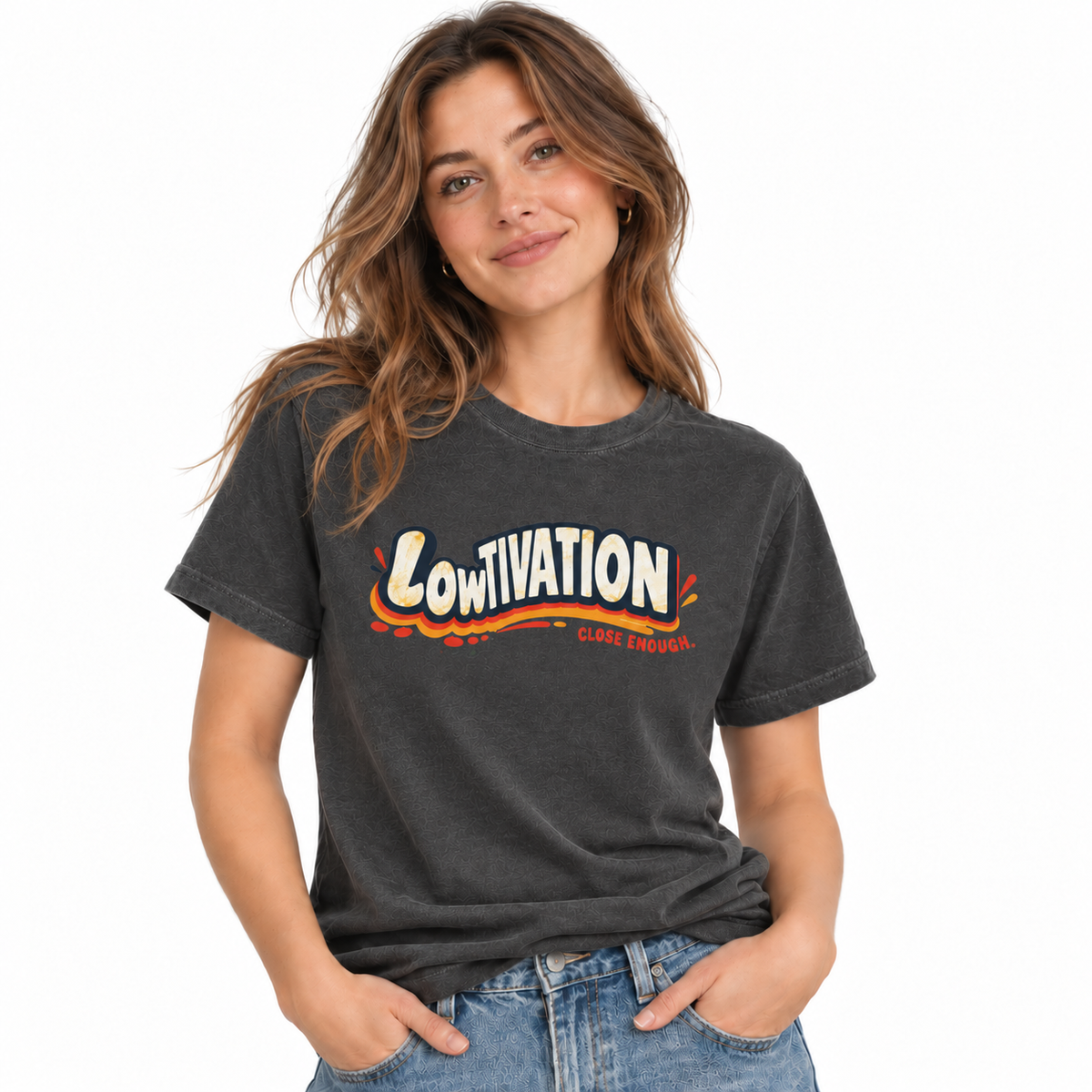 Woman wearing the LOWTIVATION graphic tee in Faded Black