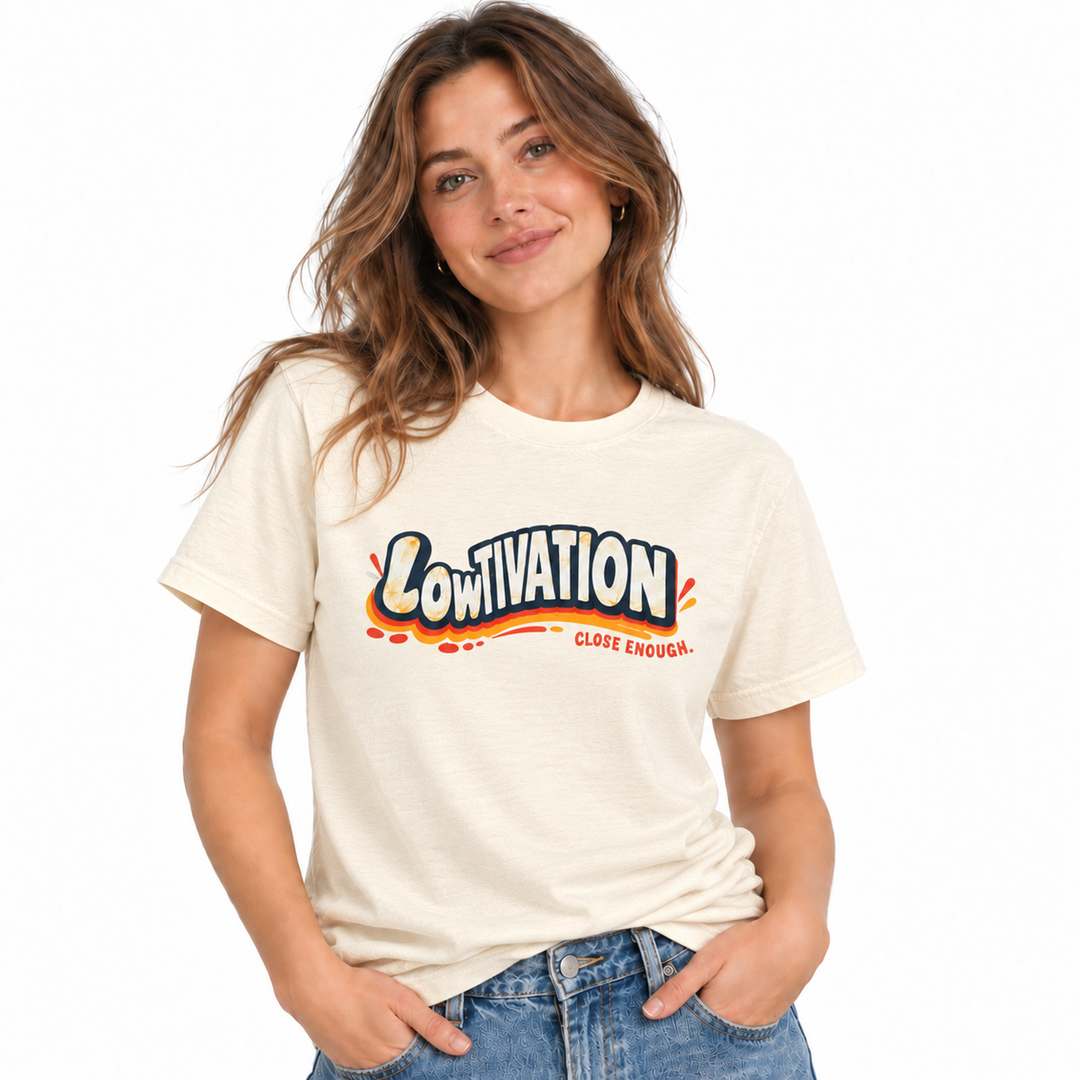 Woman wearing the LOWTIVATION graphic tee in Faded Cream