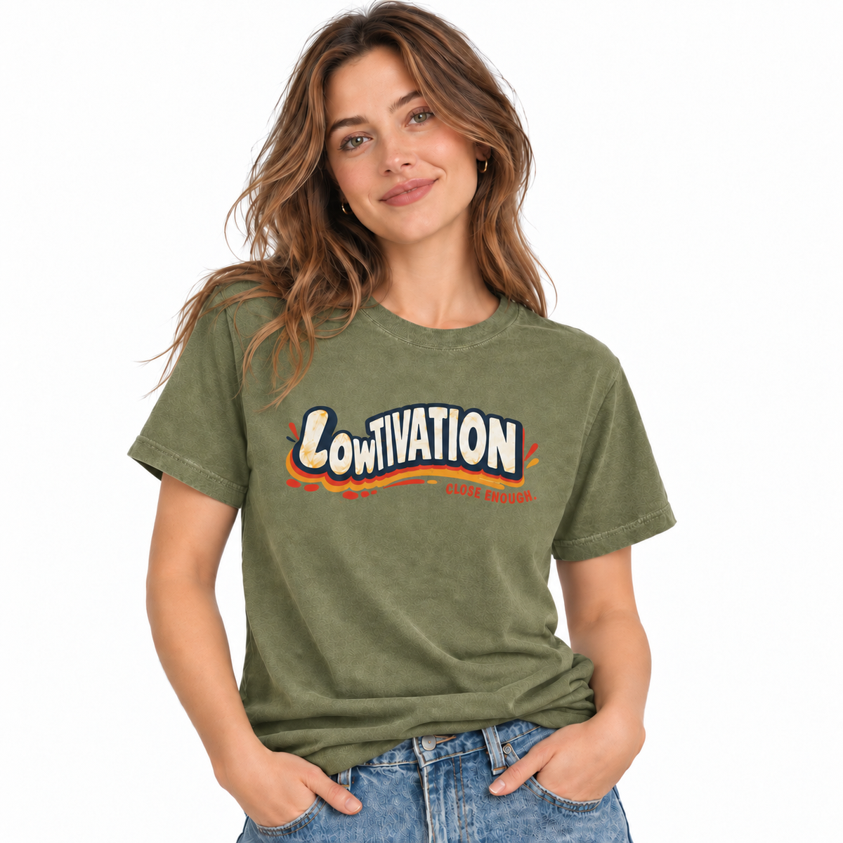 Woman wearing the LOWTIVATION graphic tee in Faded Army
