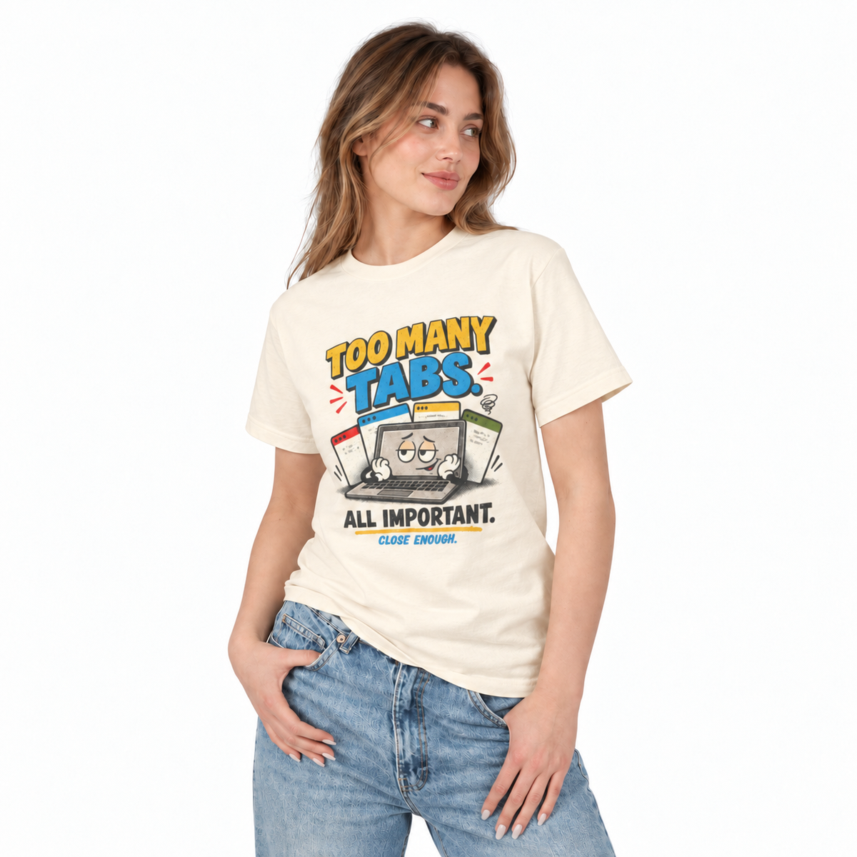 Woman wearing the TOO MANY TABS tee in Faded Cream