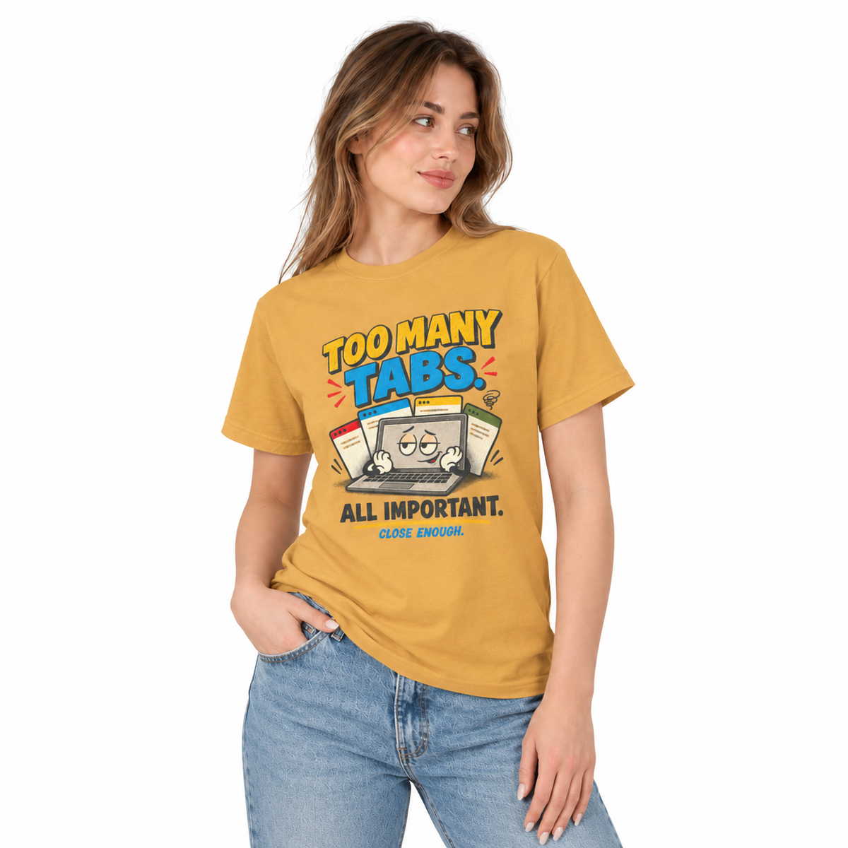 Woman wearing the TOO MANY TABS tee in Faded Mustard
