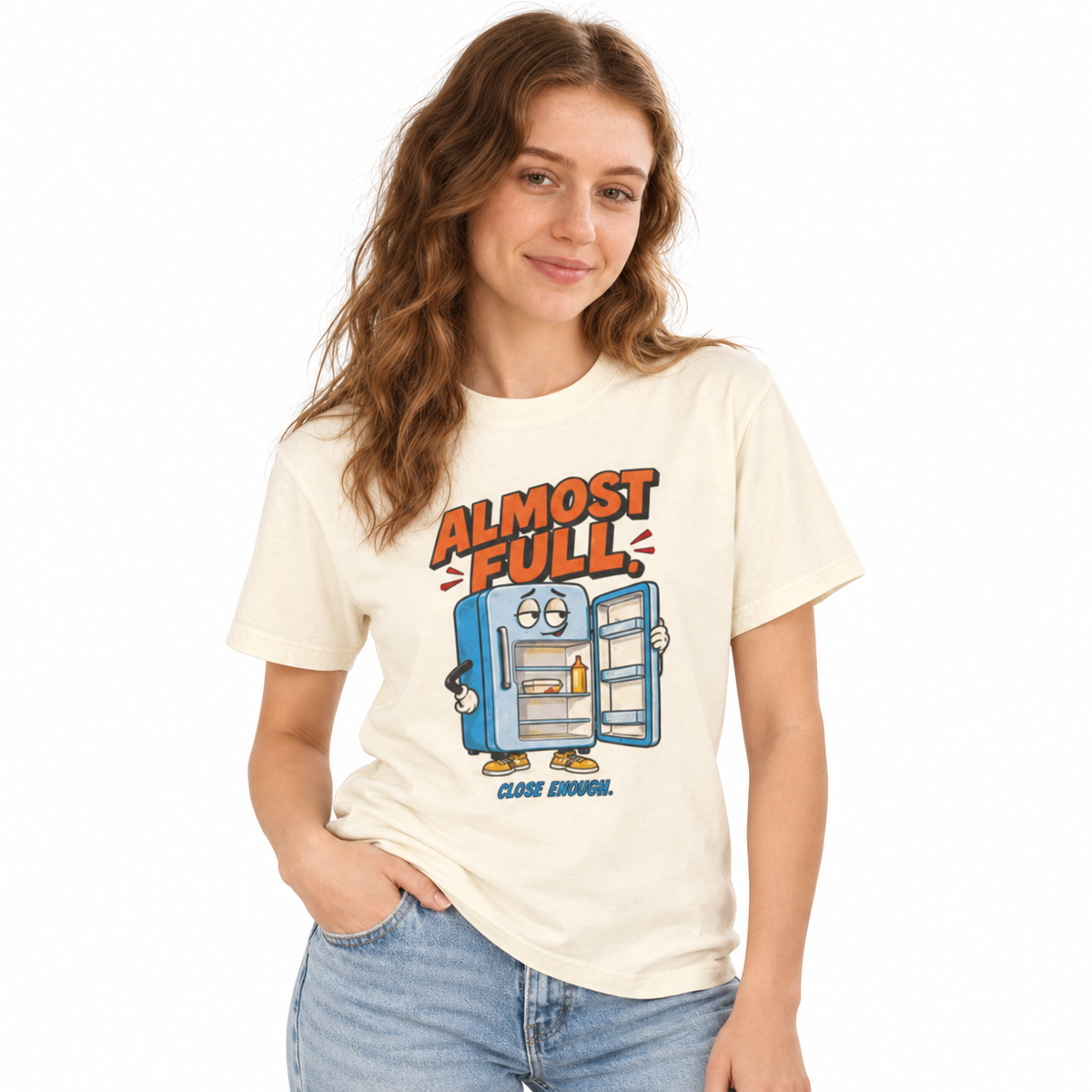 Woman wearing the ALMOST FULL FRIDGE tee in Faded Cream