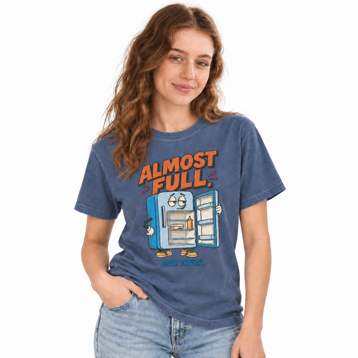 Woman wearing the ALMOST FULL FRIDGE tee in Faded Navy