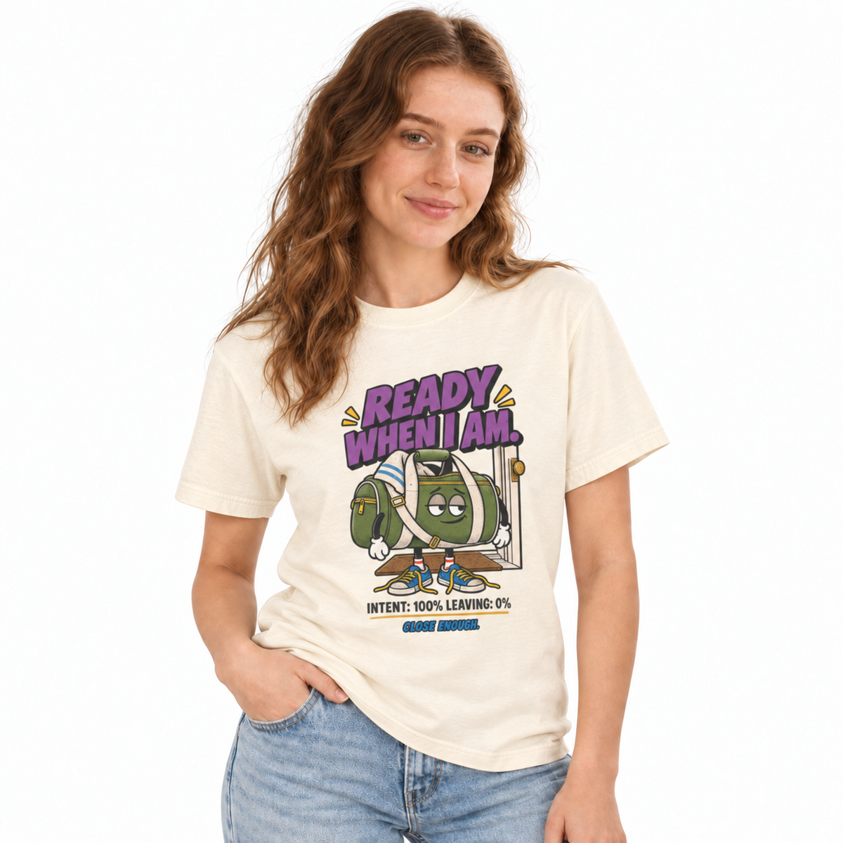 Woman wearing the READY WHEN I AM tee in Faded Cream
