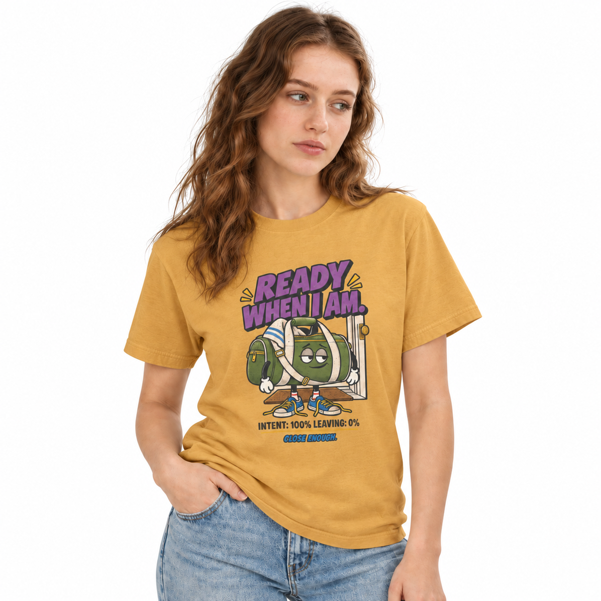 Woman wearing the READY WHEN I AM tee in Faded Mustard