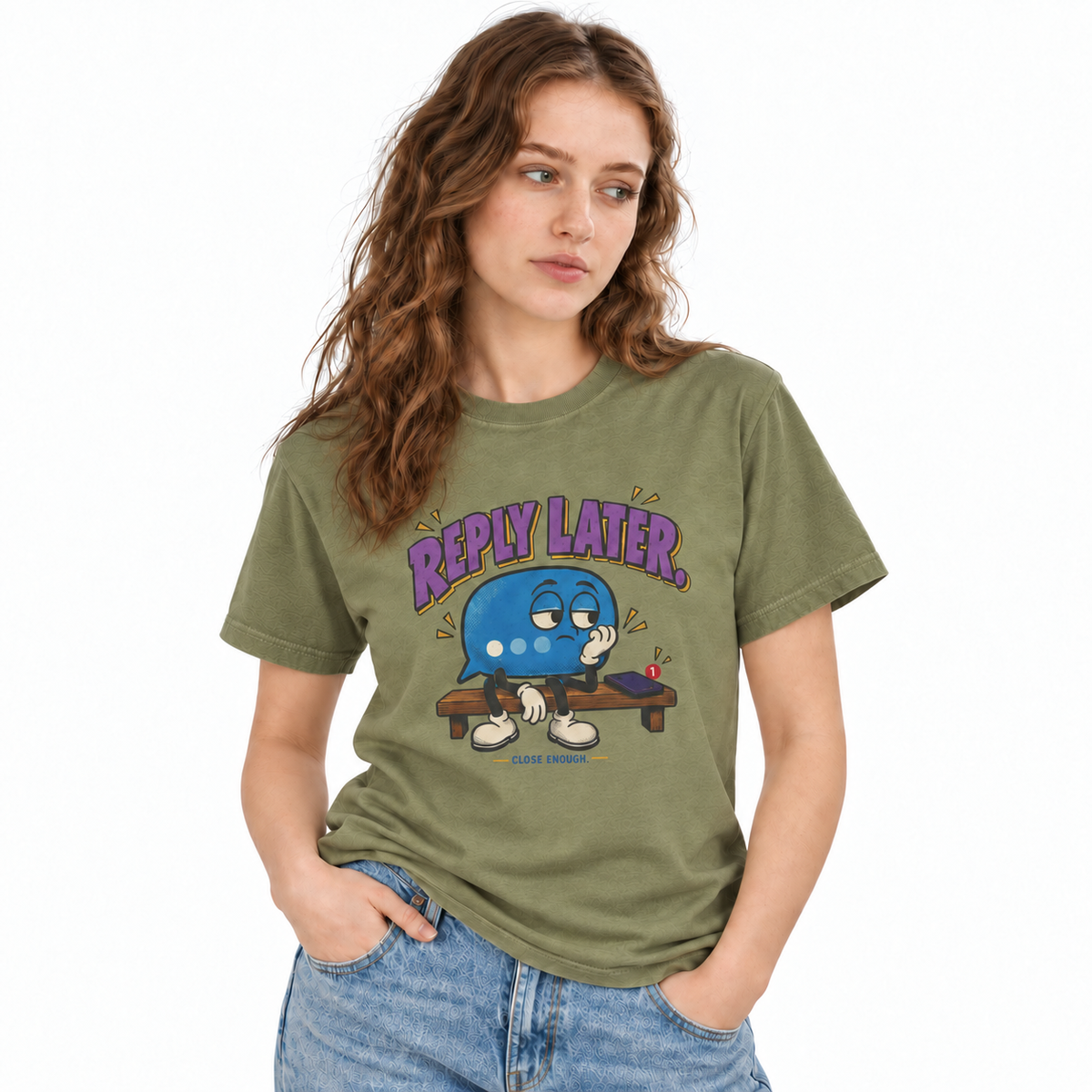 Woman wearing REPLY LATER Tee in Faded Army