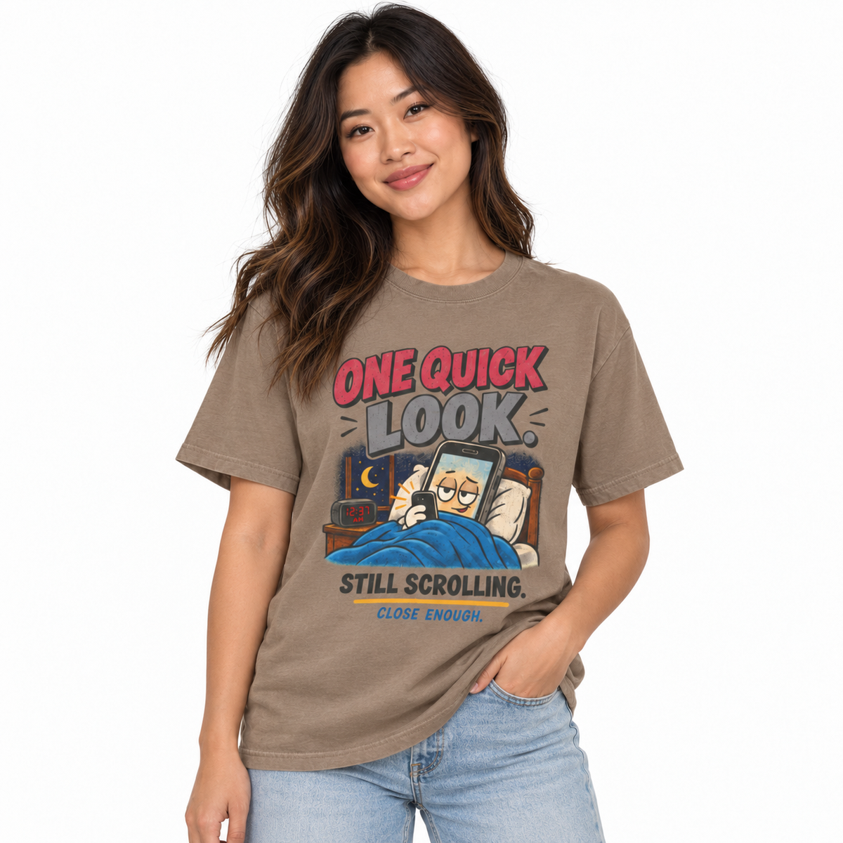 Woman wearing the ONE QUICK LOOK tee in Faded Brown
