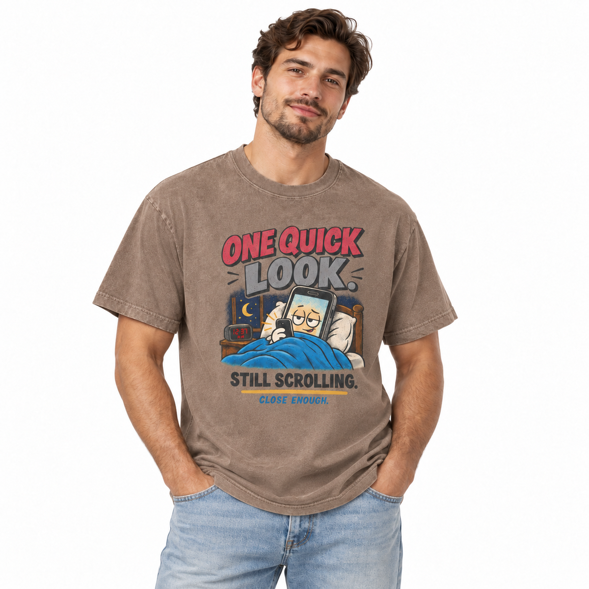 Man wearing the ONE QUICK LOOK tee in Faded Brown