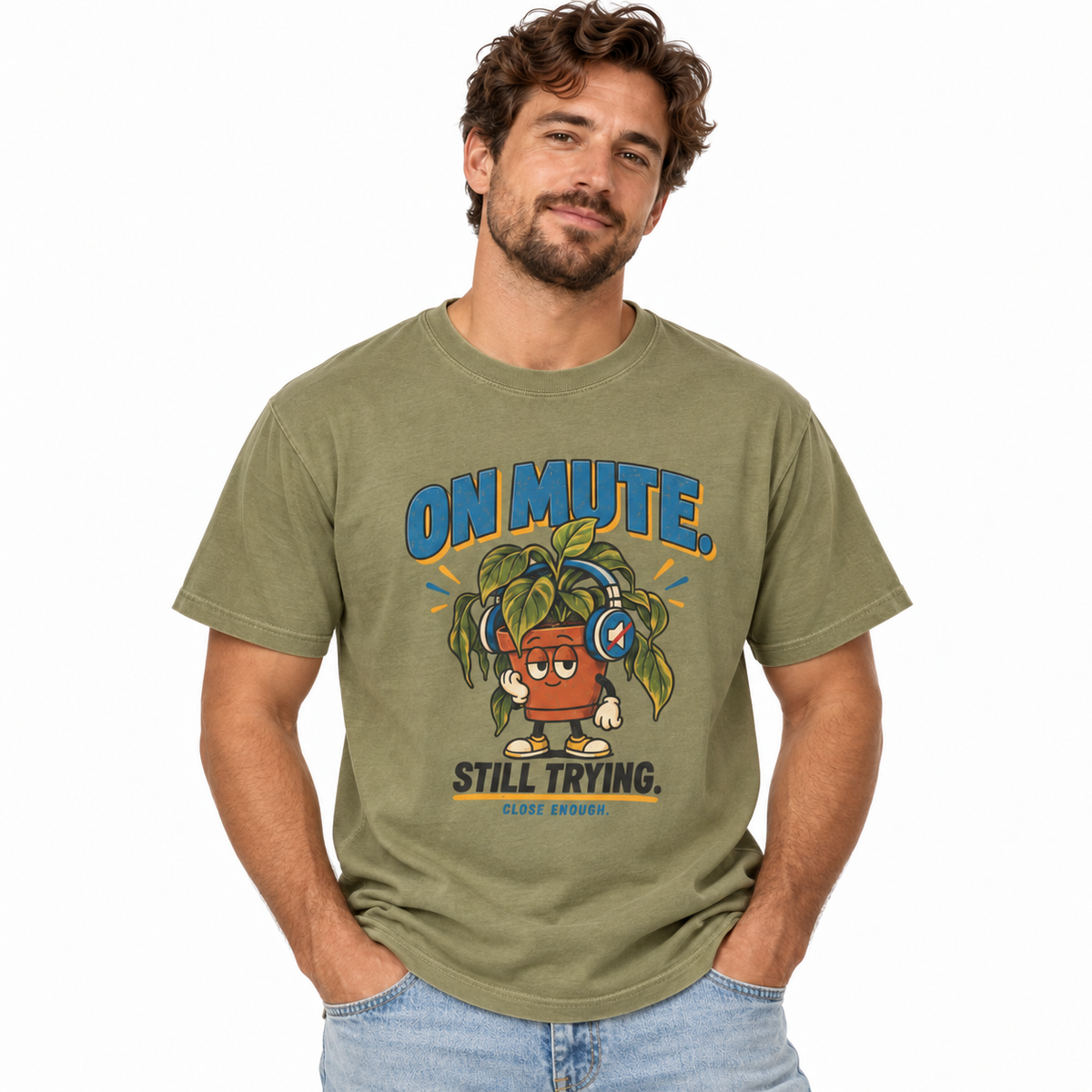Man wearing the ON MUTE tee in Faded Army