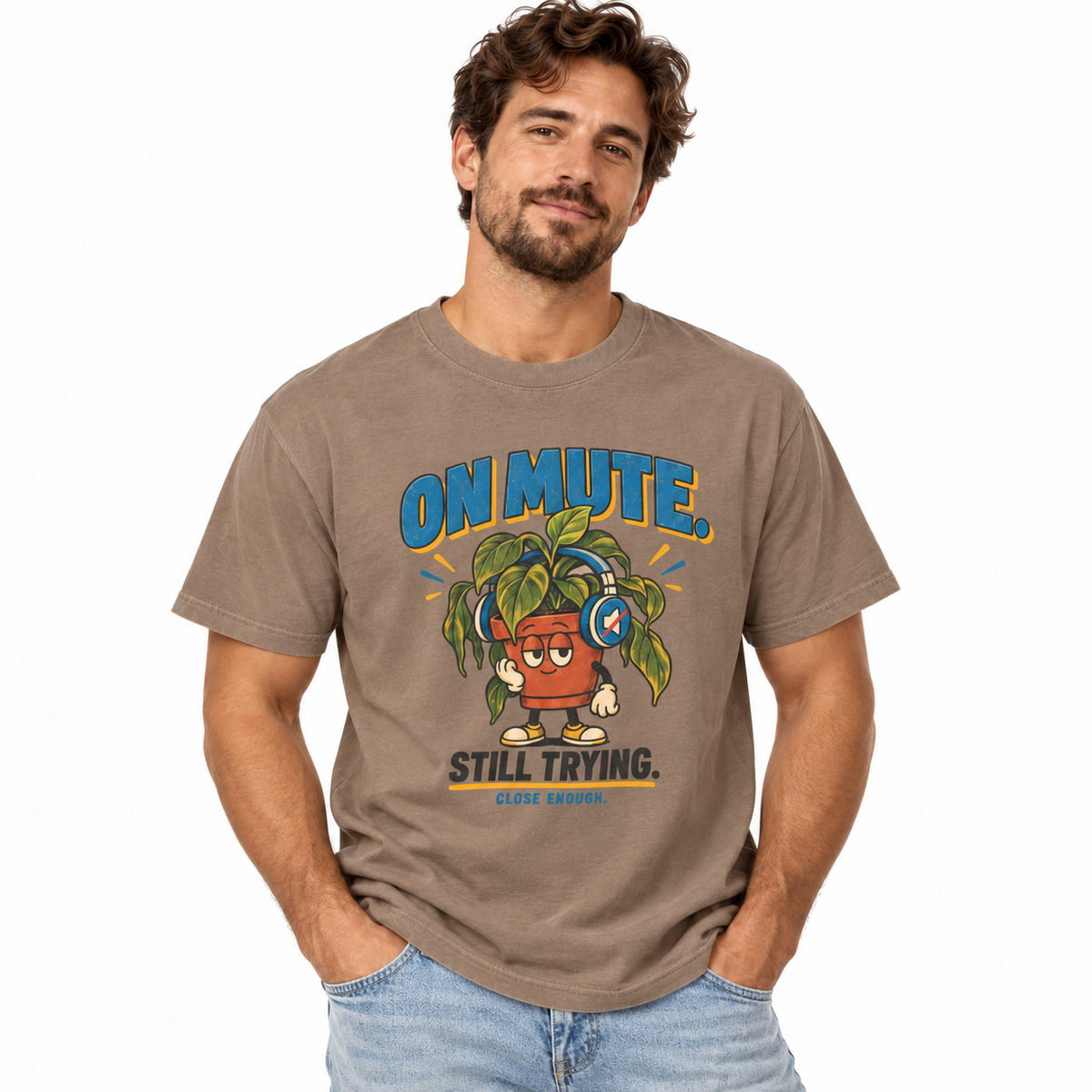 Man wearing the ON MUTE tee in Faded Brown