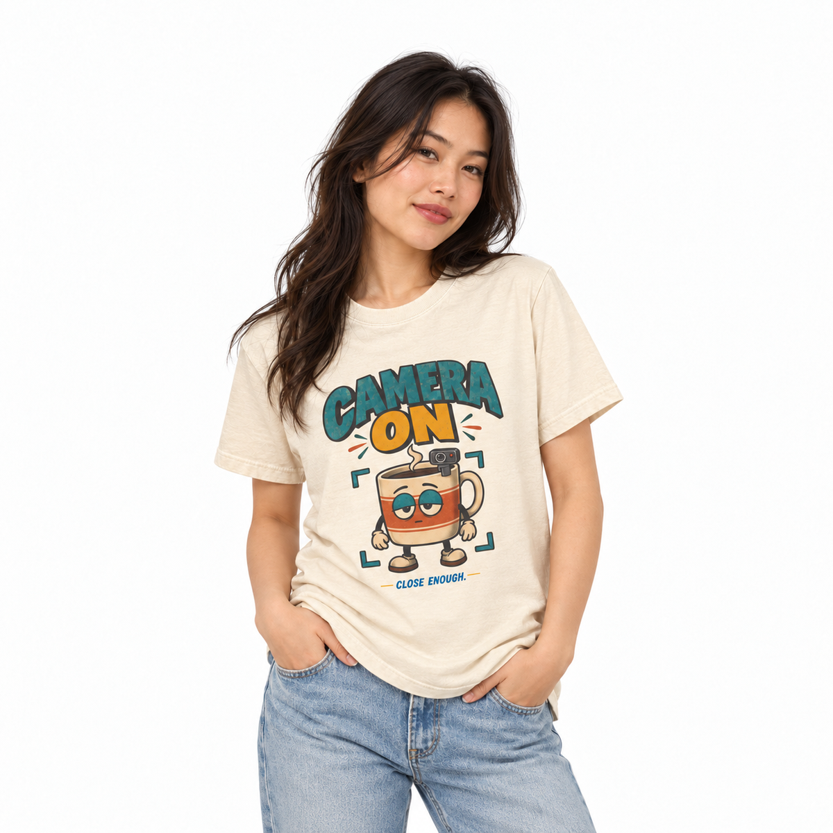 Woman wearing CAMERA ON Tee in Faded Cream