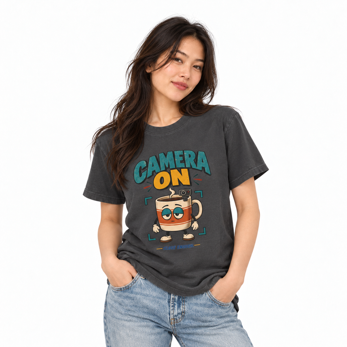 Woman wearing CAMERA ON Tee in Faded Black