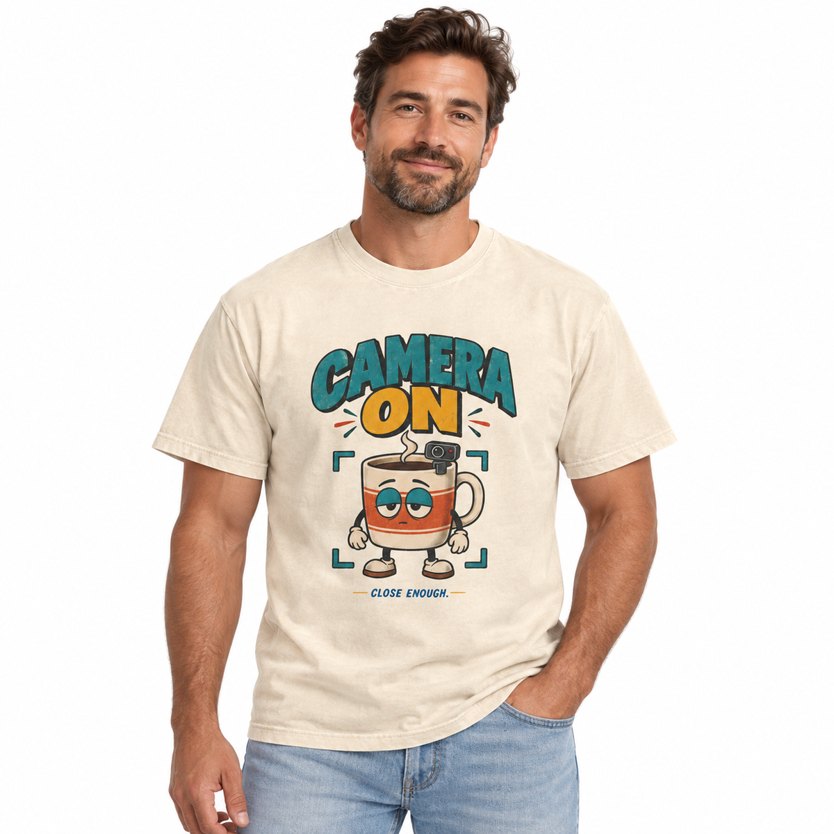 Man wearing CAMERA ON Tee in Faded Cream