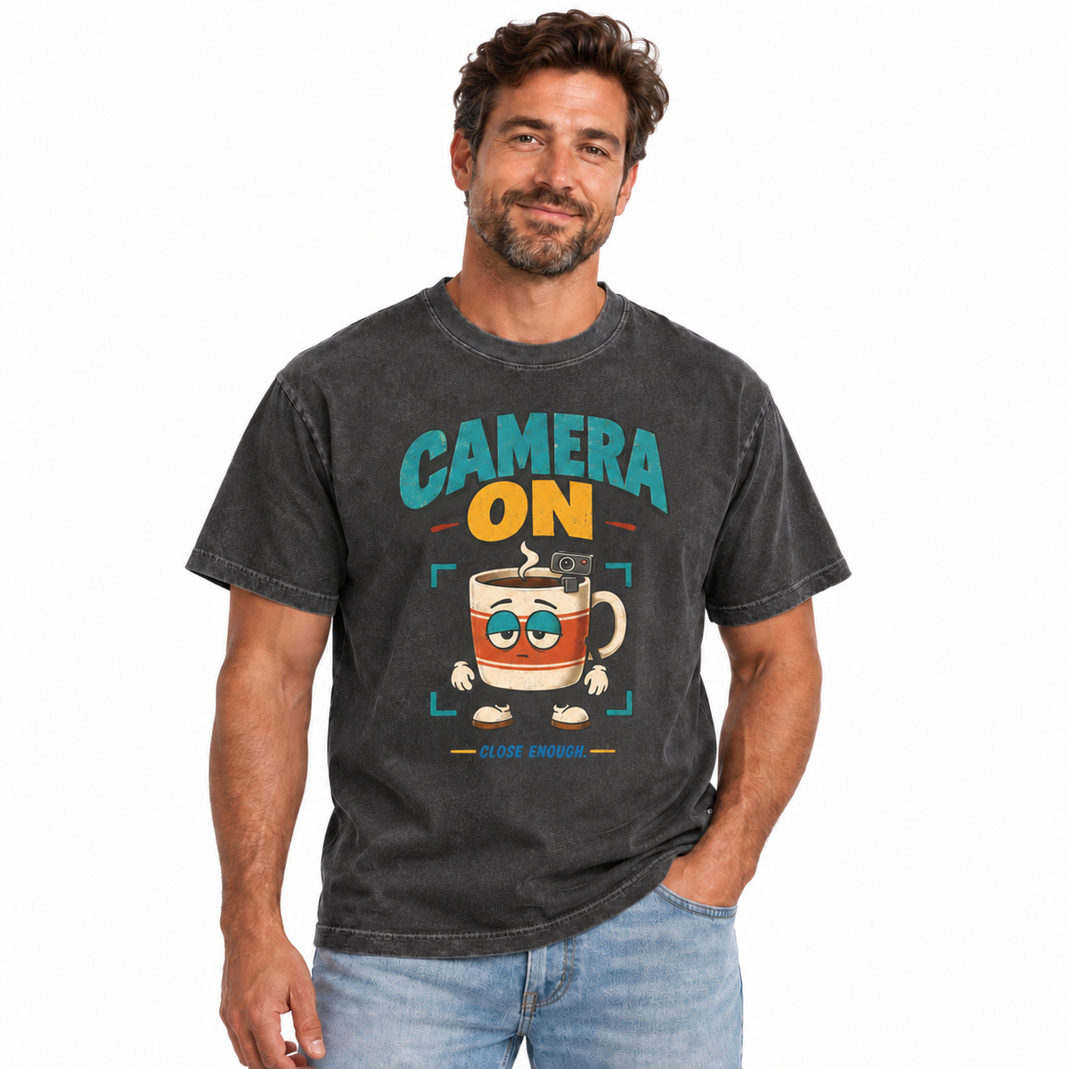 Man wearing CAMERA ON Tee in Faded Black
