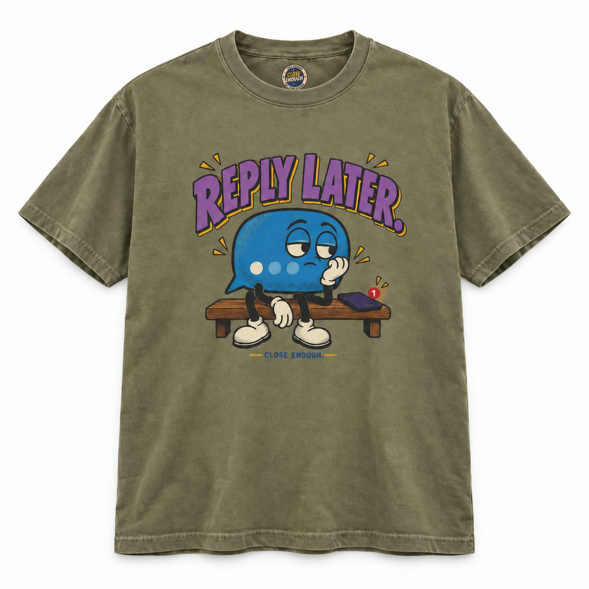 REPLY LATER graphic tee in Faded Army by CLOSE ENOUGH