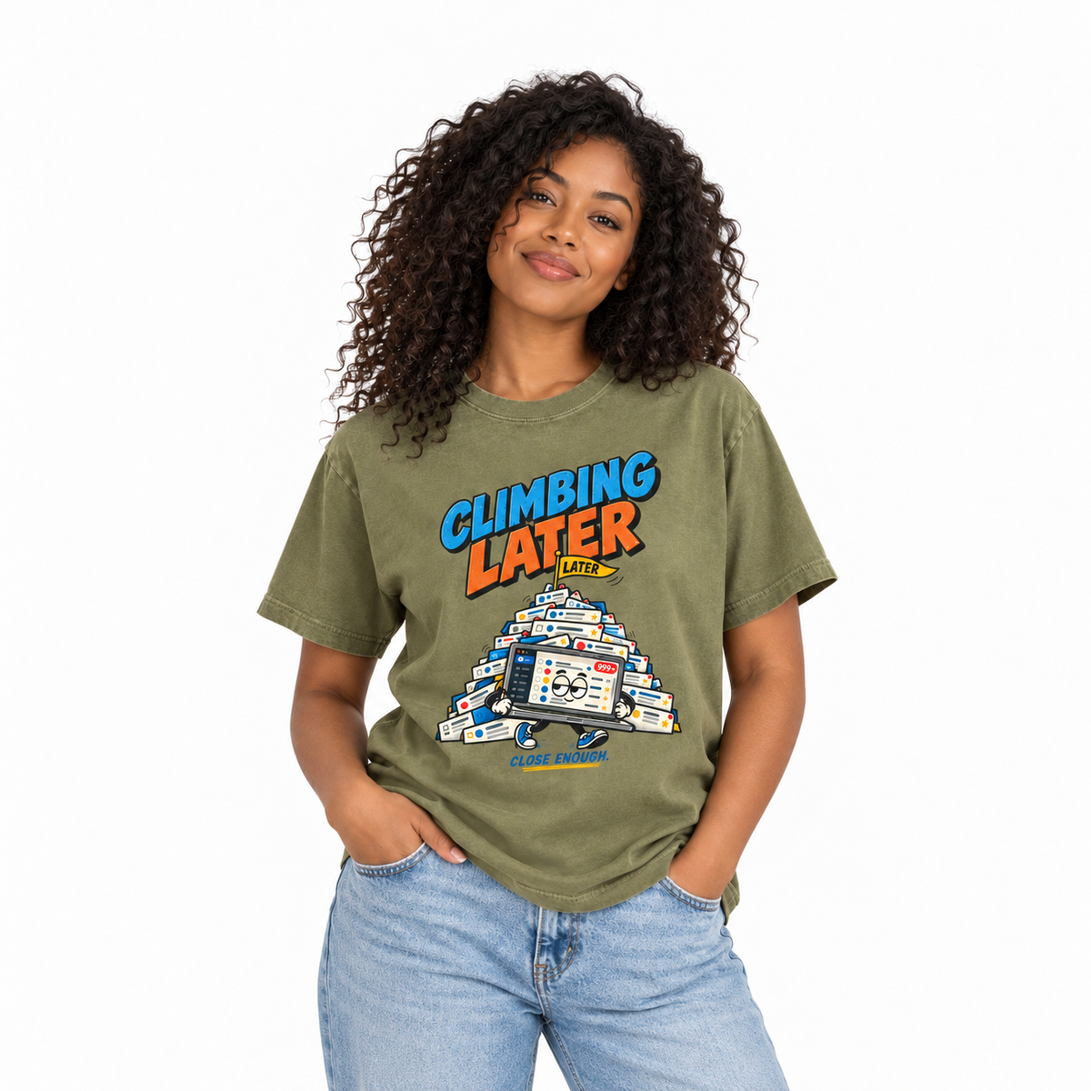Woman wearing CLIMBING LATER Tee in Faded Army