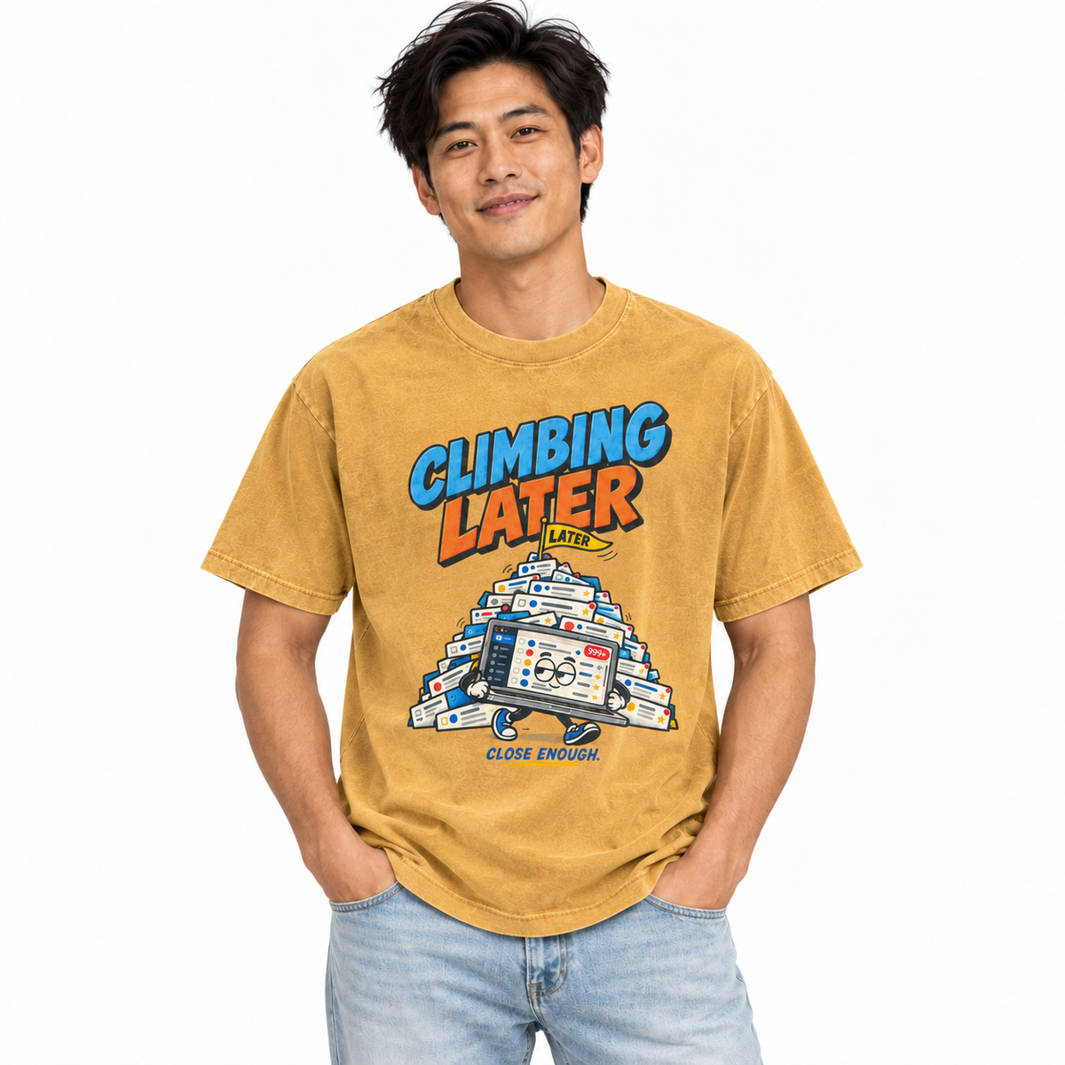 Man wearing CLIMBING LATER Tee in Faded Mustard