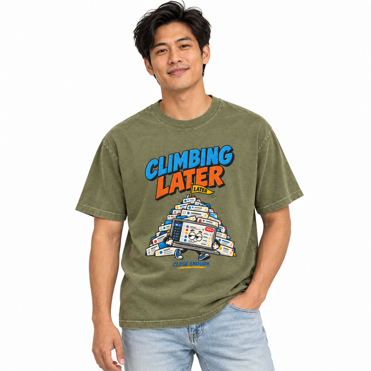 Man wearing CLIMBING LATER Tee in Faded Army