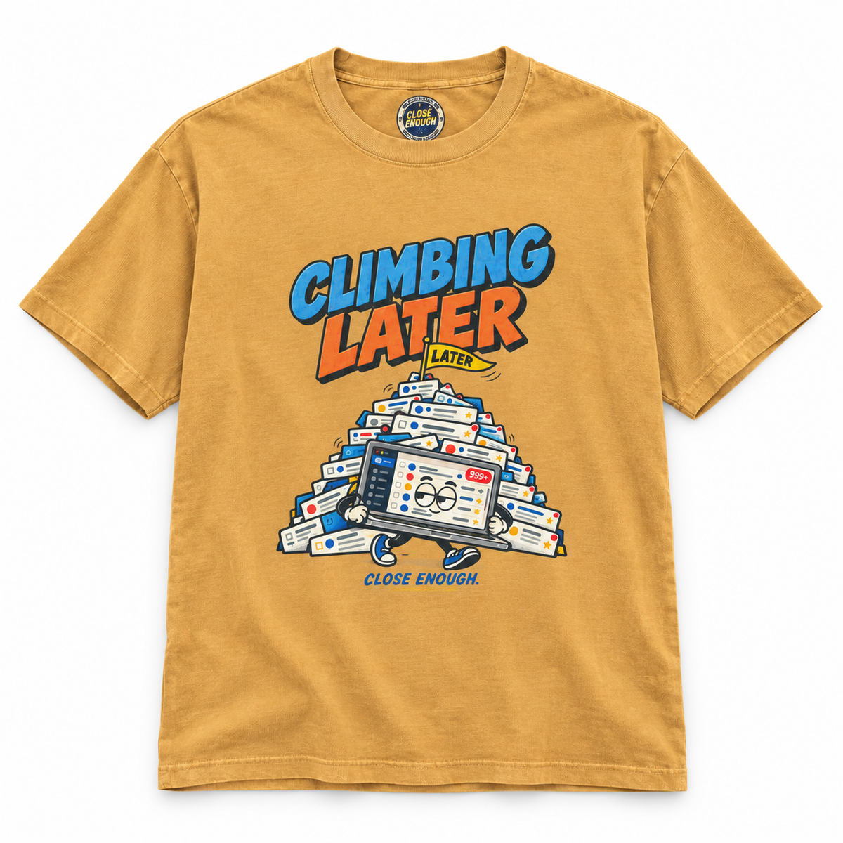 CLIMBING LATER graphic tee in Faded Mustard by CLOSE ENOUGH