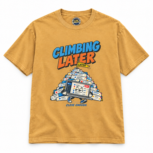 CLIMBING LATER graphic tee in Faded Mustard by CLOSE ENOUGH
