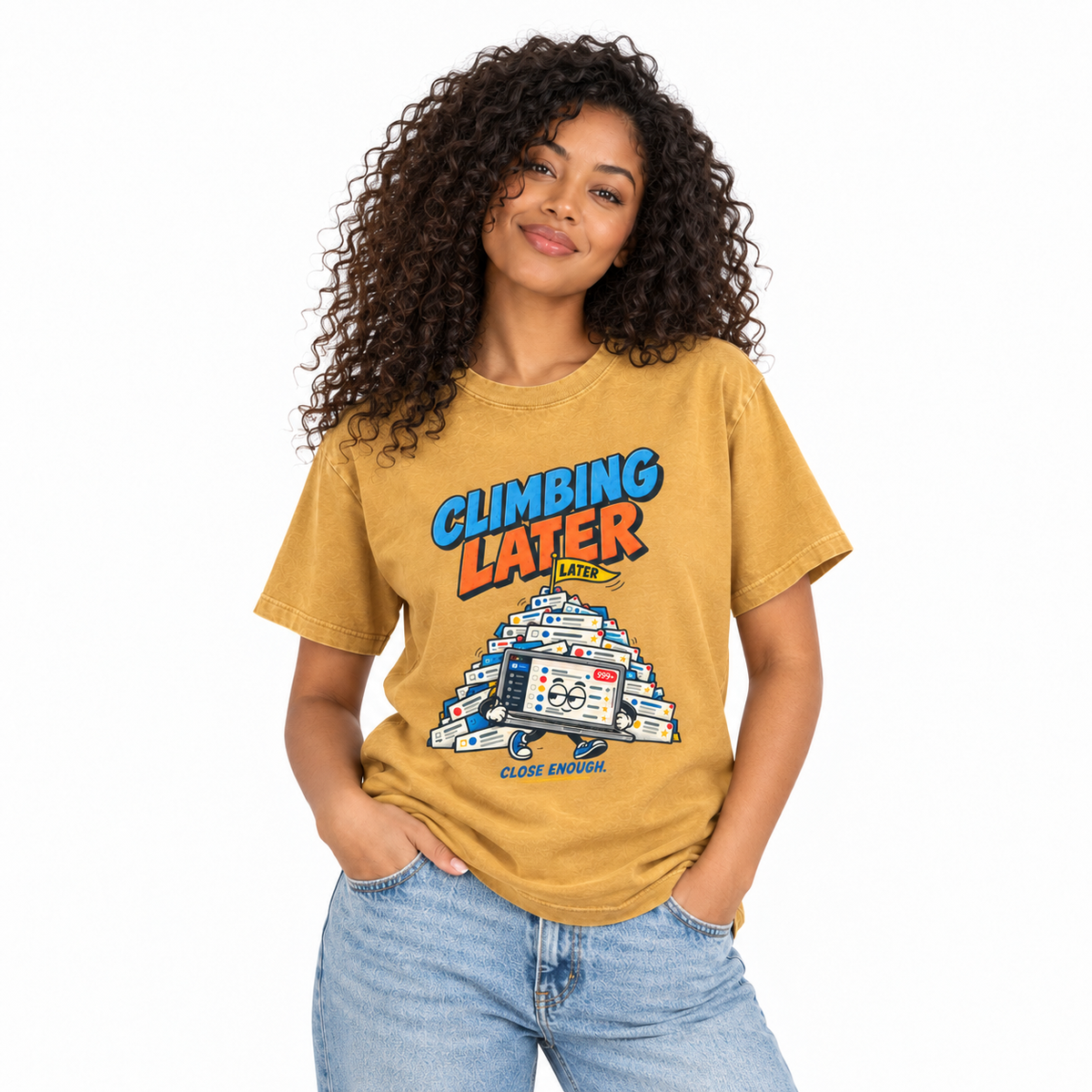 Woman wearing CLIMBING LATER Tee in Faded Mustard