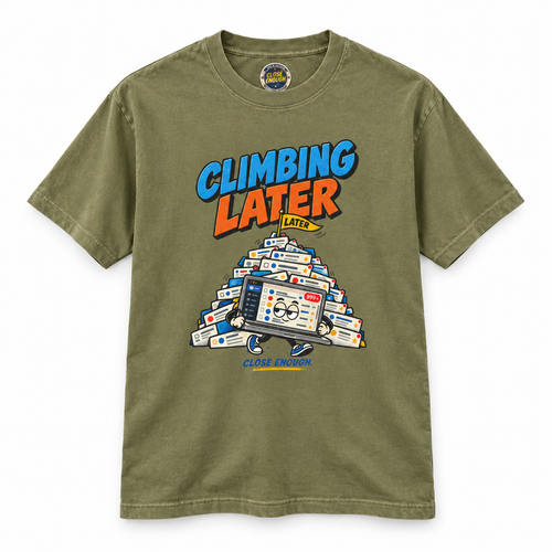 CLIMBING LATER graphic tee in Faded Army by CLOSE ENOUGH