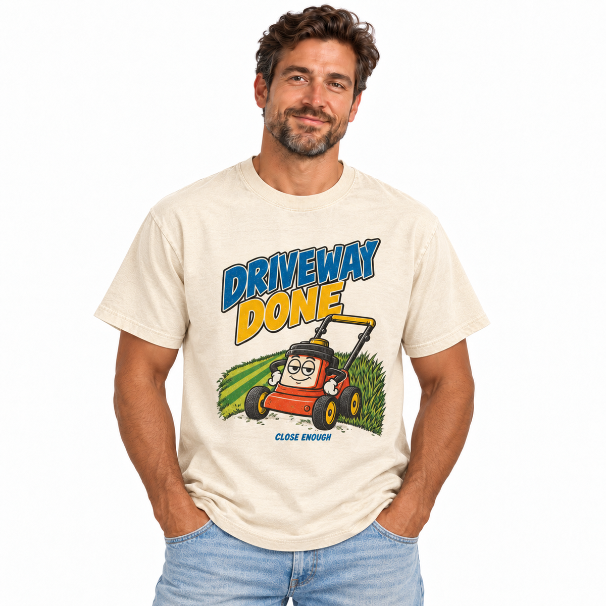 Man wearing the Driveway Done cream graphic tee