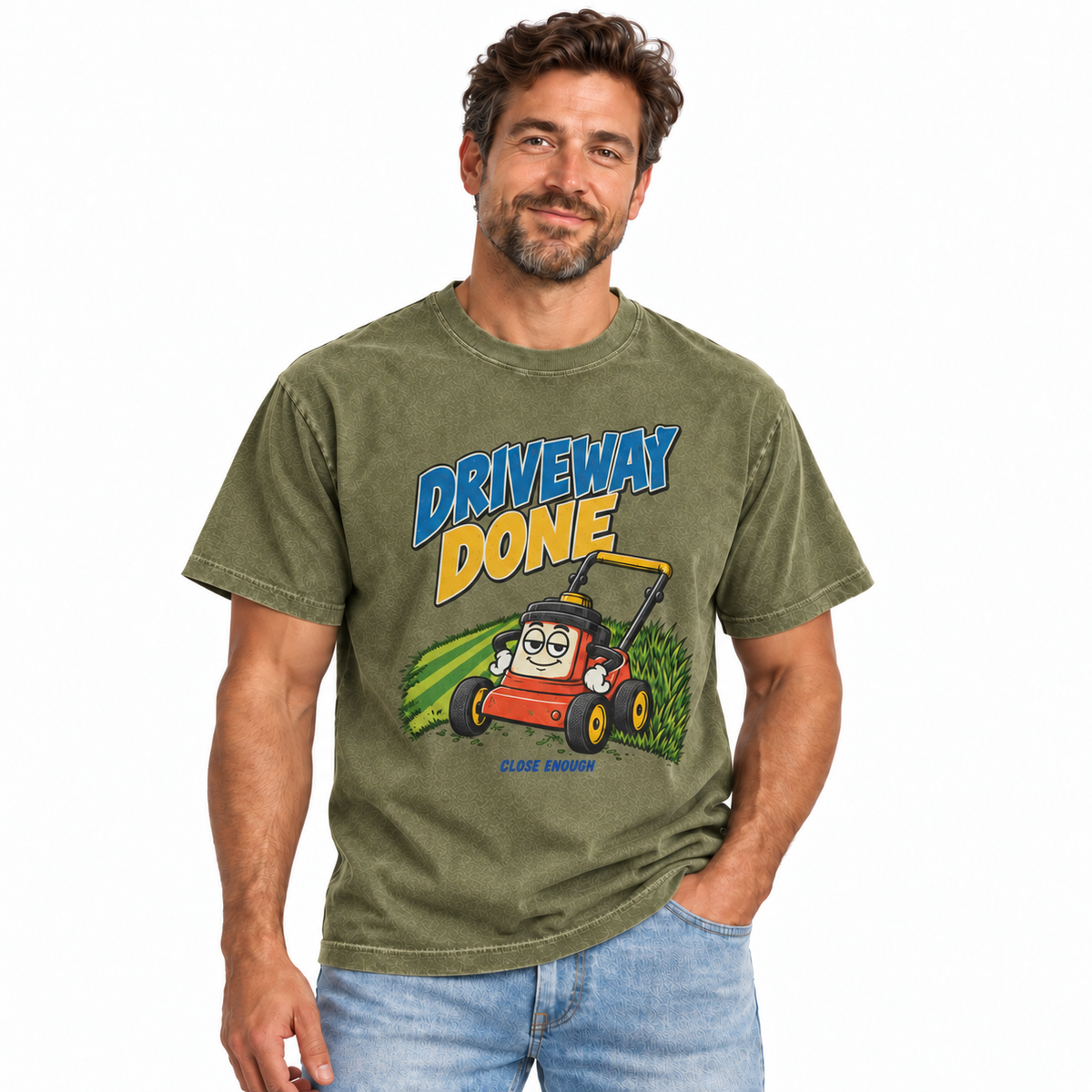 Man wearing the Driveway Done faded army graphic tee