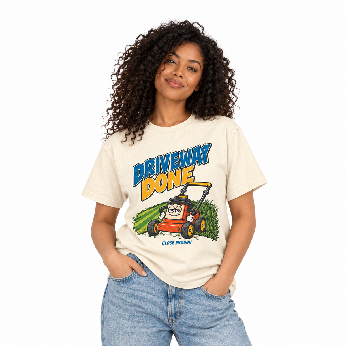 Woman wearing the Driveway Done cream graphic tee