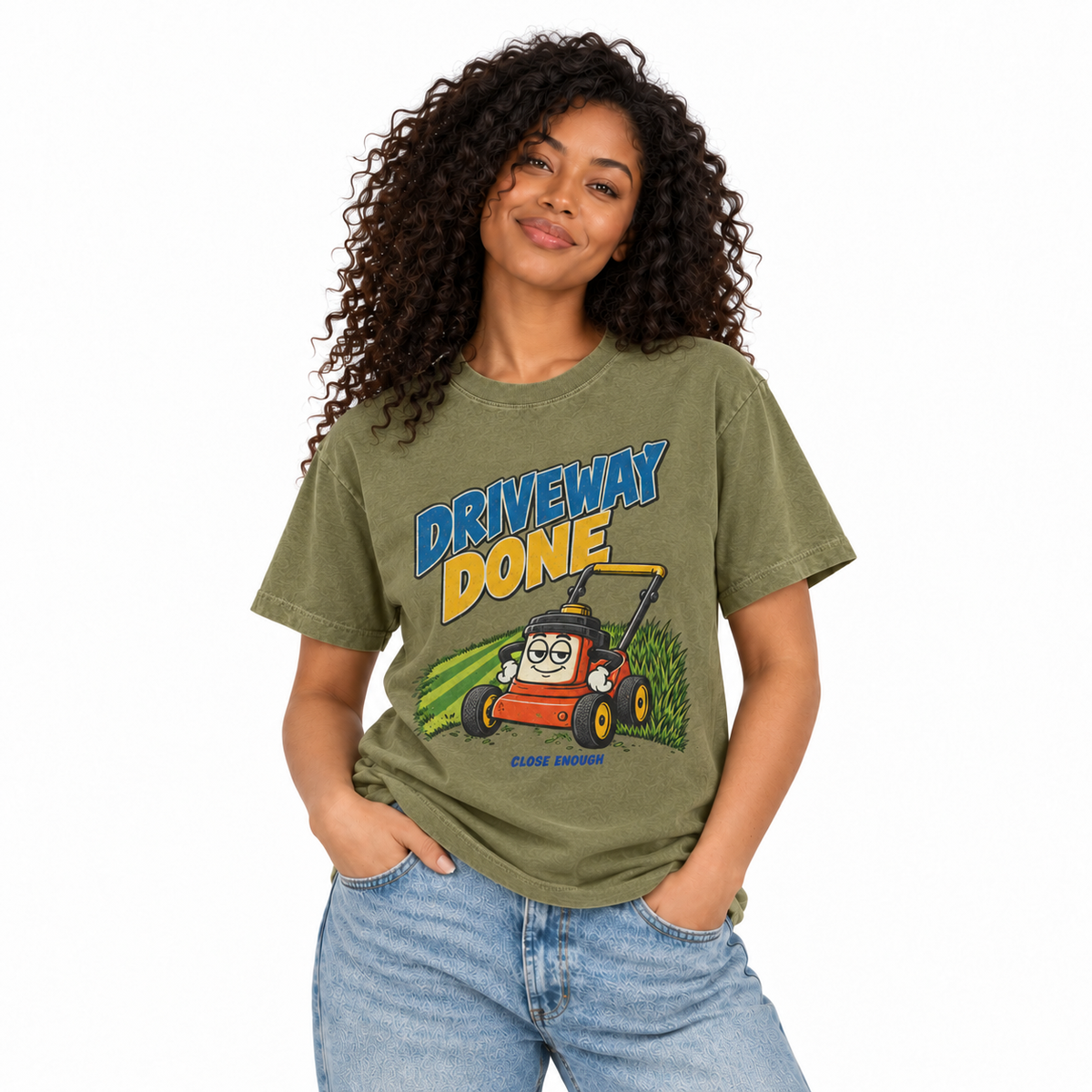 Woman wearing the Driveway Done faded army graphic tee