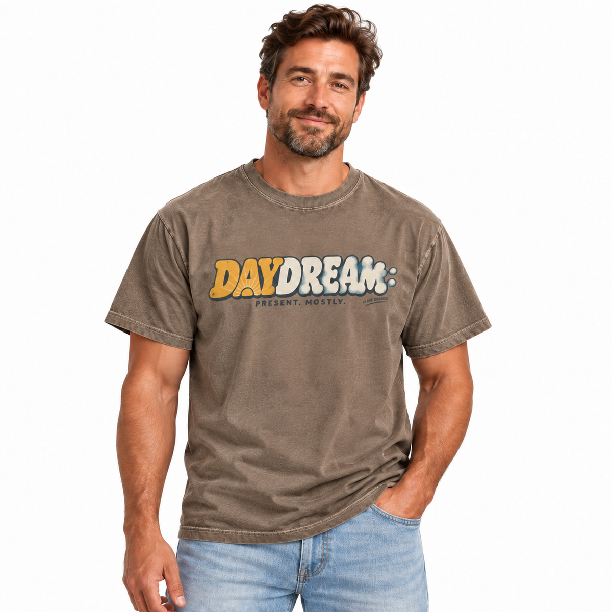 Man wearing the Daydream Faded Brown graphic tee