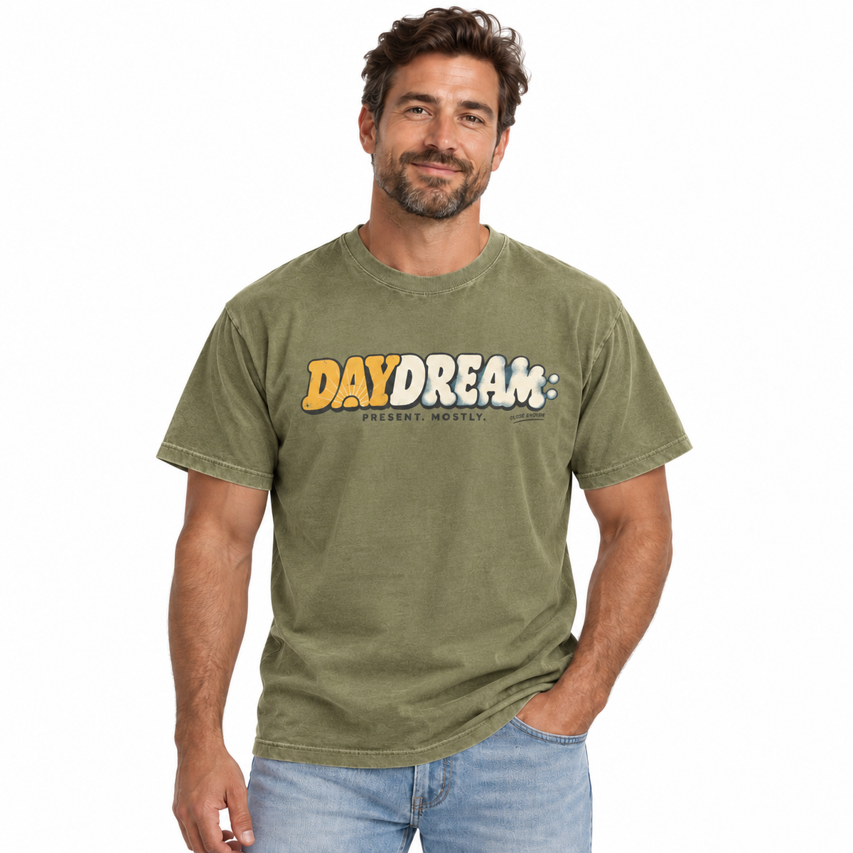 Man wearing the Daydream Faded Army graphic tee