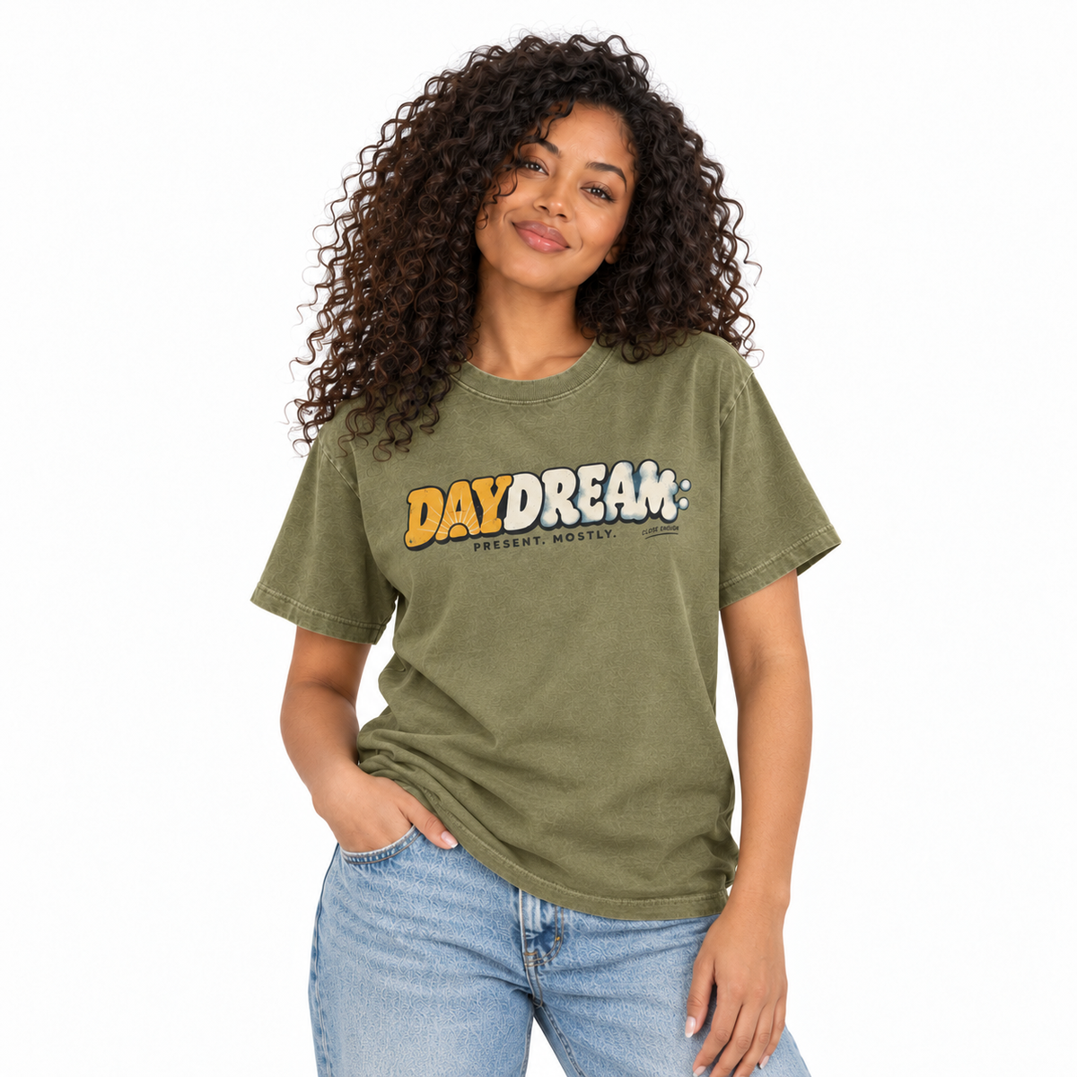 Woman wearing the Daydream Faded Army graphic tee