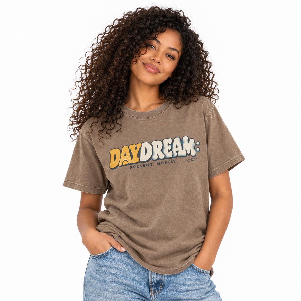 Woman wearing the Daydream Faded Brown graphic tee