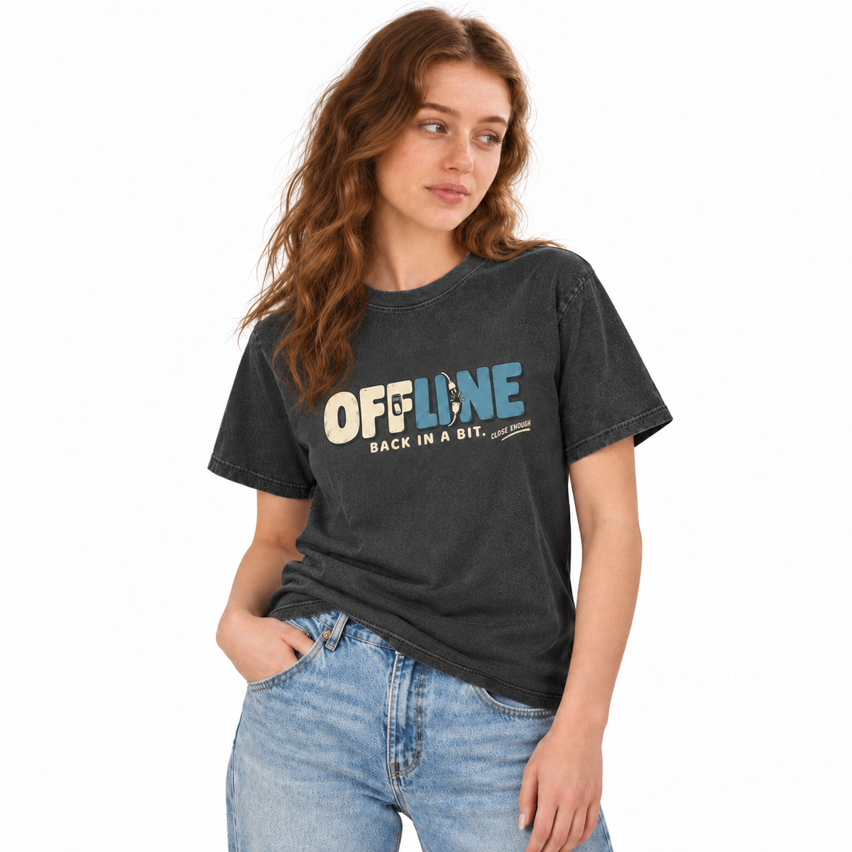 Woman wearing the Offline Faded Black graphic tee