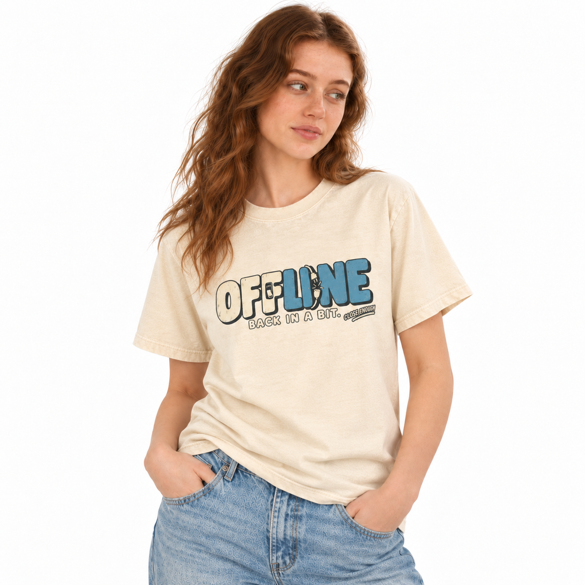 Woman wearing the Offline Faded cream graphic tee