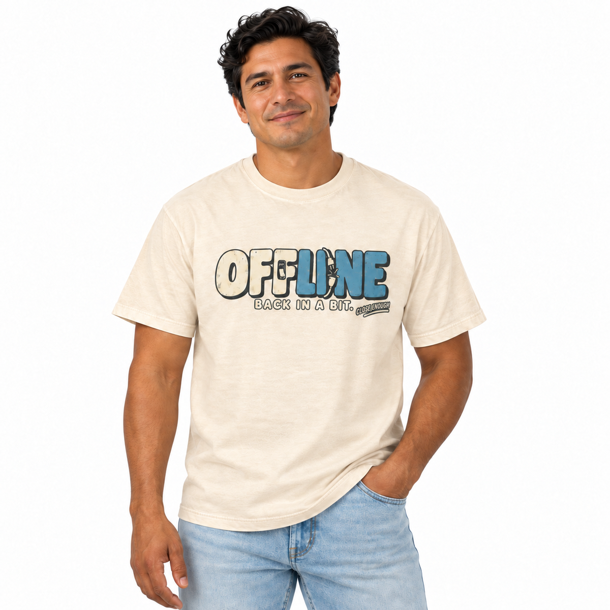 Man wearing the Offline Faded cream graphic tee