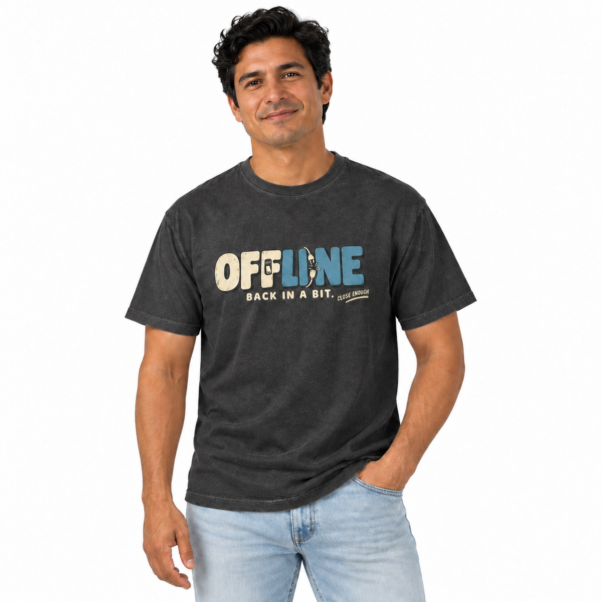 Man wearing the Offline Faded Black graphic tee