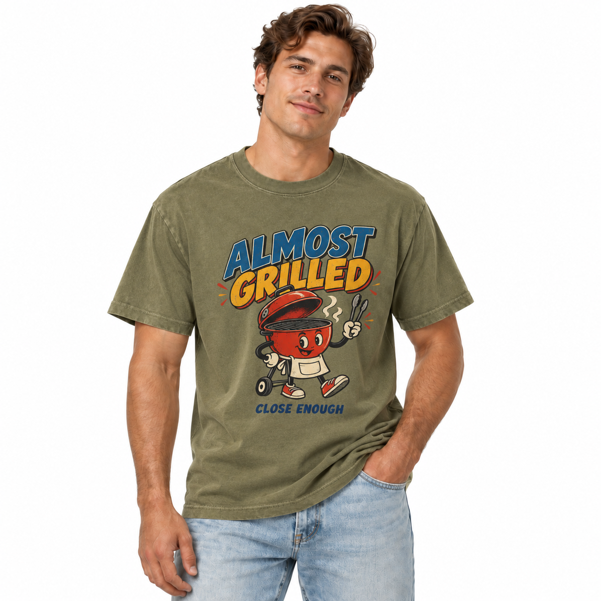 Man wearing the Almost Grilled graphic tee in Faded Army