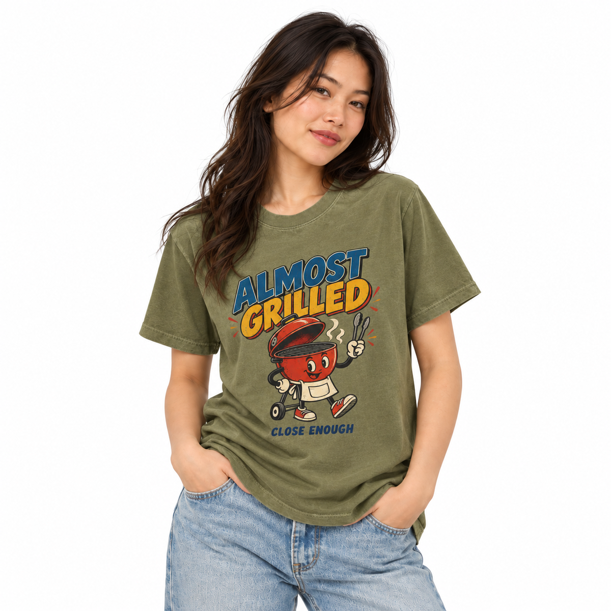 Woman wearing the Almost Grilled graphic tee in Faded Army